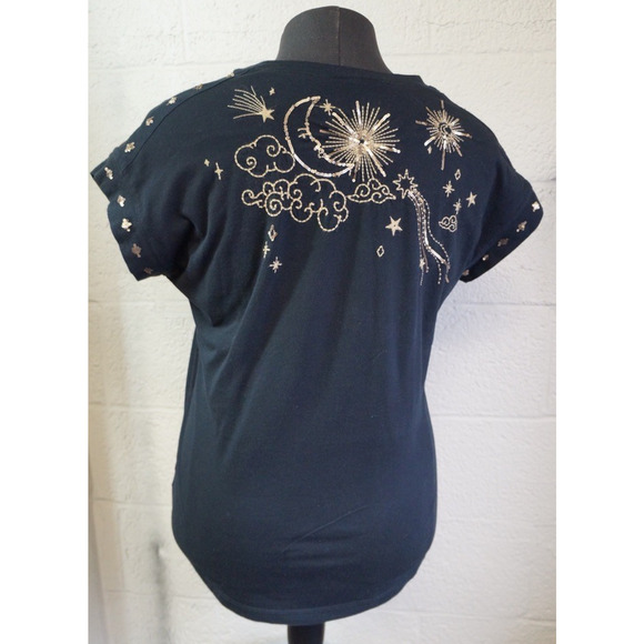 Johnny Was Relaxed Sequin Top Warm Your Soul Sz M-shirt Black Gold Embroided - Picture 4 of 11